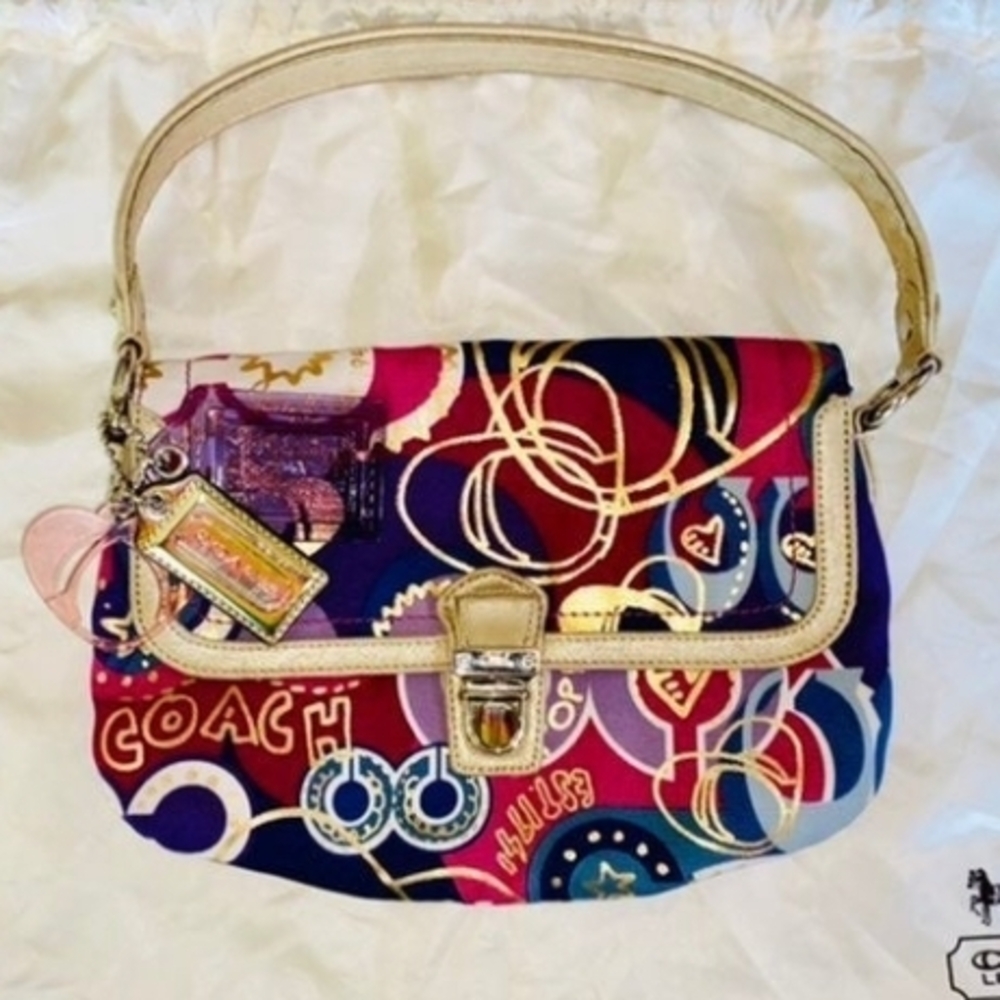 Coach Multicolor Graphic Print Shoulder Bag with Cream Trim